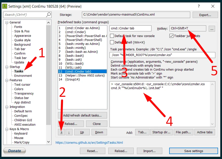 Steps to setup a new cmder task
